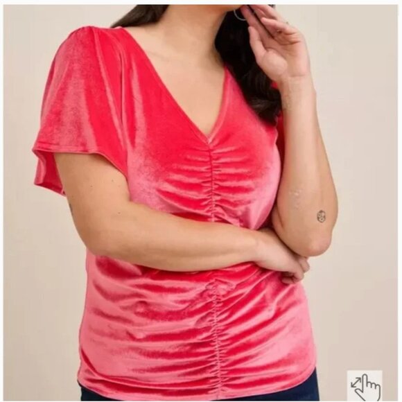 Torrid Velvet Shirred Front Flutter Sleeve Top Tea Berry size 2 - Picture 2 of 7